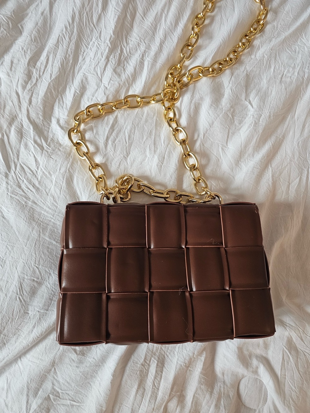 Woven Leather Crossbody Bag in Dark Brown with Gold Chain